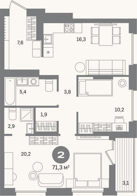 Планировка: 2-к, 68,2 м²