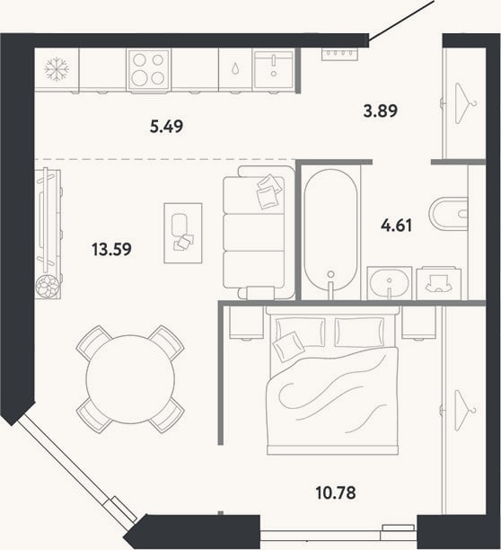Планировка: 1-к, 38,4 м²