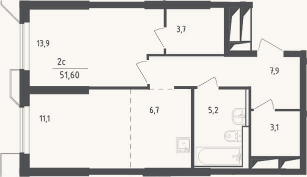 Планировка: 2-к, 51,6 м²