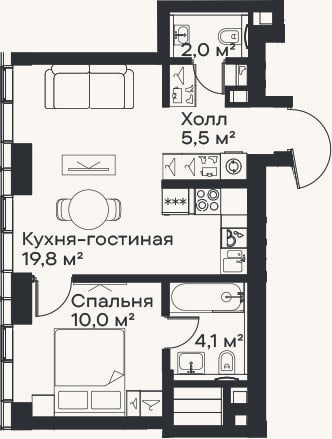 Планировка: 2-к, 41,4 м²