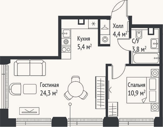 Планировка: 2-к, 48,8 м²