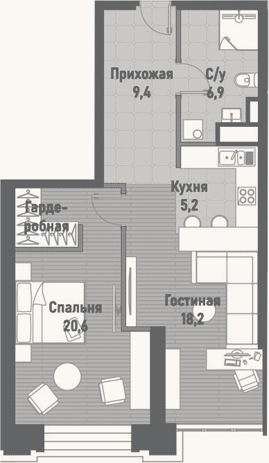 Планировка: 2-к, 60,7 м²