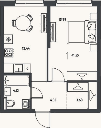 Планировка: 1-к, 41,6 м²