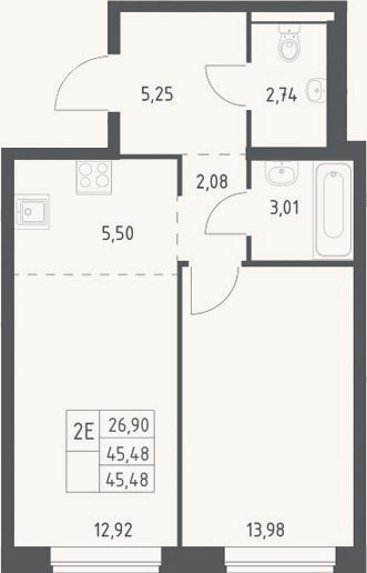 Планировка: 2-к, 45,5 м²