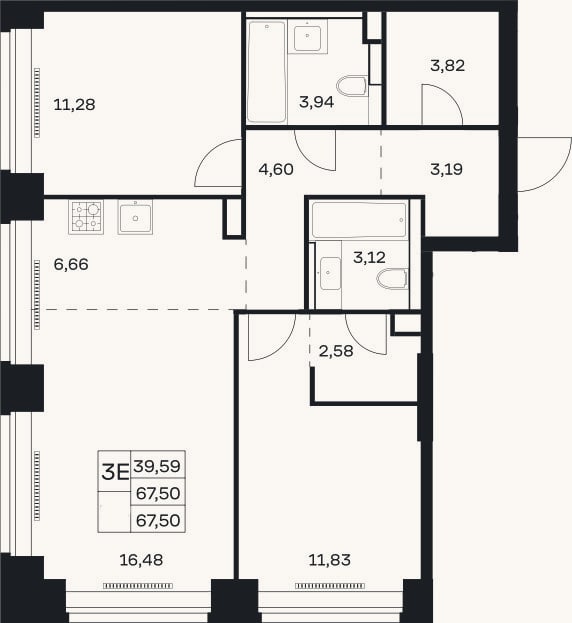 Планировка: 3-к, 67,5 м²