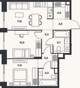 Планировка: 3-к, 63,7 м²