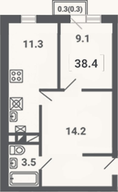 Планировка: 1-к, 38,1 м²