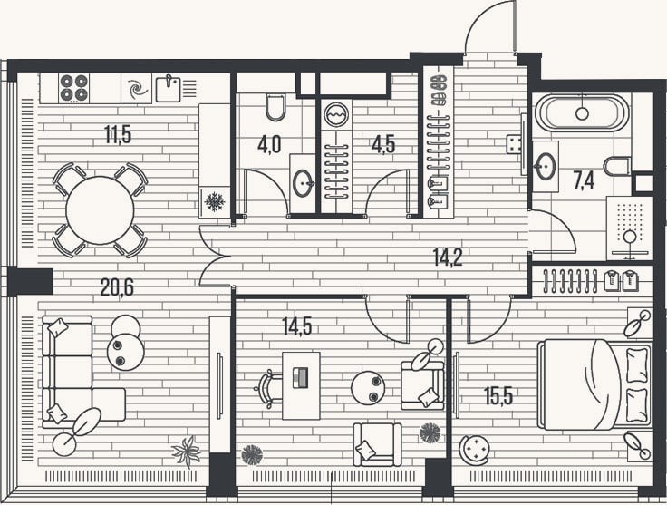 Планировка: 3-к, 92,2 м²