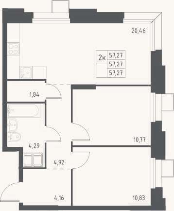 Планировка: 3-к, 57,3 м²