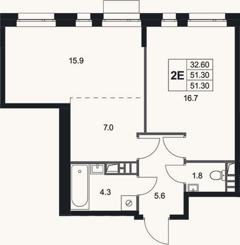 Планировка: 2-к, 51,3 м²