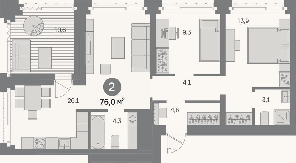 Планировка: 2-к, 65,4 м²