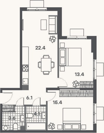 Планировка: 3-к, 65 м²