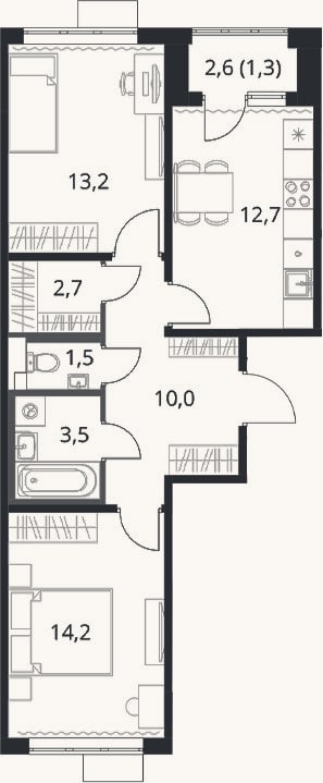 Планировка: 2-к, 57,8 м²