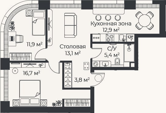 Планировка: 3-к, 63,8 м²