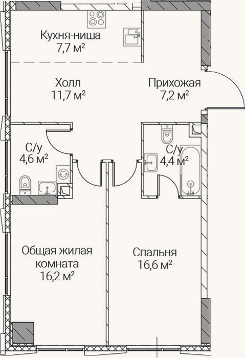 Планировка: 3-к, 68,4 м²