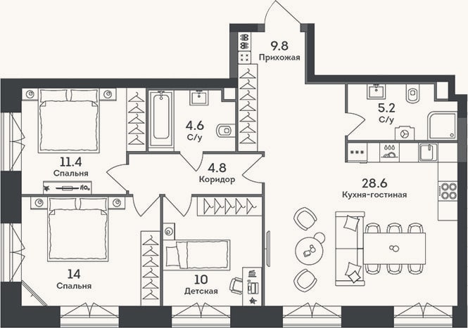 Планировка: 4+ к, 88,4 м²