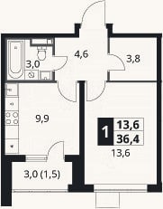 Планировка: 1-к, 34,9 м²