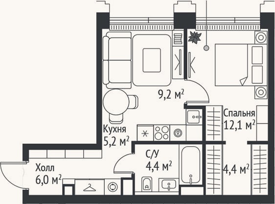 Планировка: 2-к, 41,3 м²