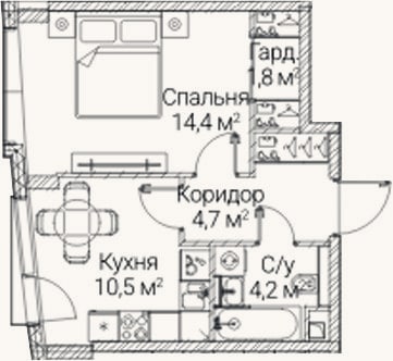 Планировка: 1-к, 35,6 м²