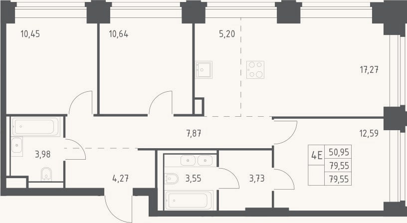 Планировка: 4+ к, 79,6 м²