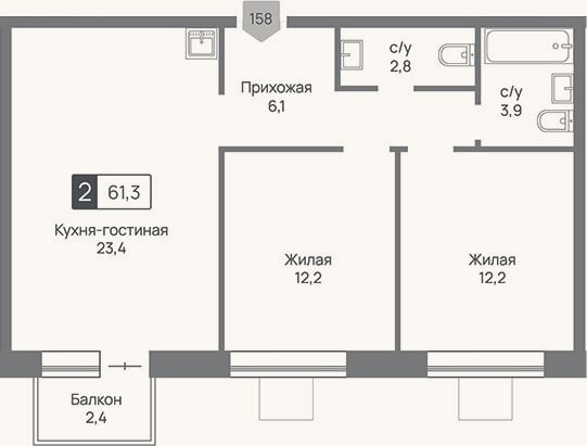 Планировка: 3-к, 60,6 м²
