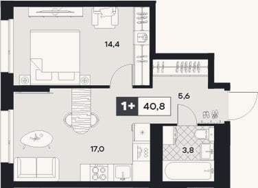 Планировка: 1-к, 40,8 м²