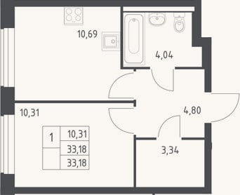 Планировка: 1-к, 33,2 м²