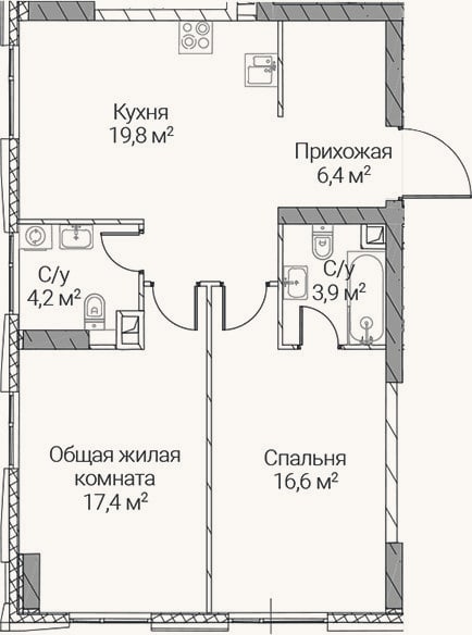 Планировка: 2-к, 68,3 м²