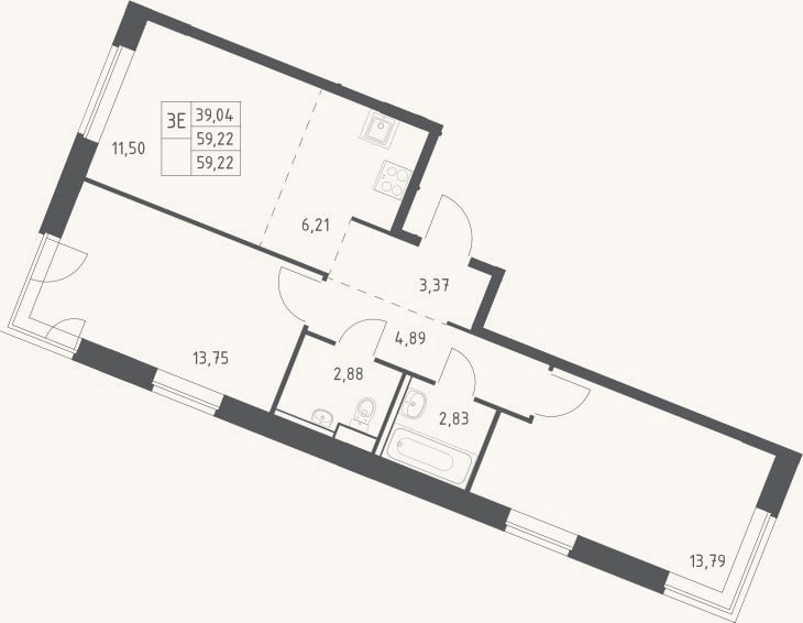 Планировка: 3-к, 59,2 м²
