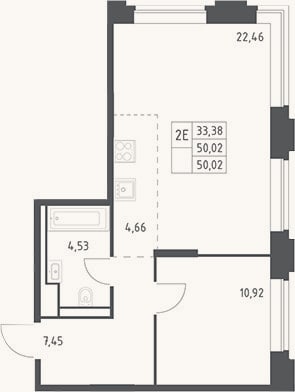 Планировка: 2-к, 50 м²