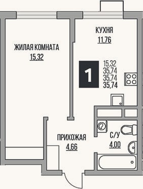 Планировка: 1-к, 35,7 м²