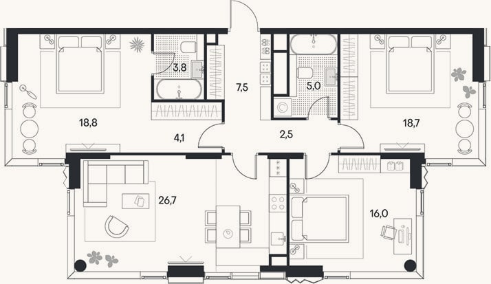 Планировка: 4+ к, 103 м²