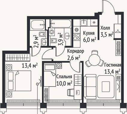 Планировка: 3-к, 55,7 м²