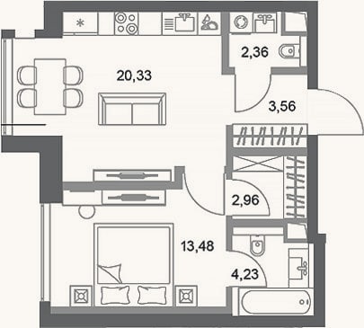 Планировка: 1-к, 46,9 м²