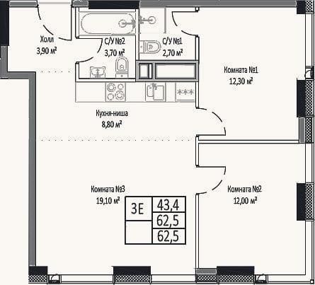 Планировка: 3-к, 62,5 м²