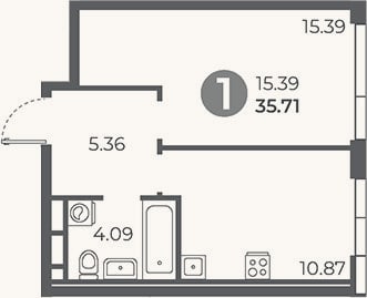 Планировка: 1-к, 35,7 м²