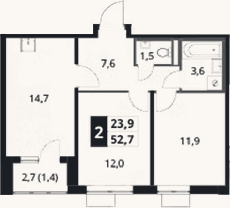 Планировка: 2-к, 51,3 м²