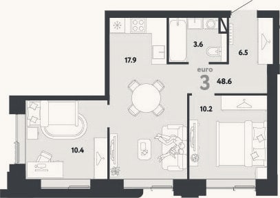 Планировка: 3-к, 48,6 м²
