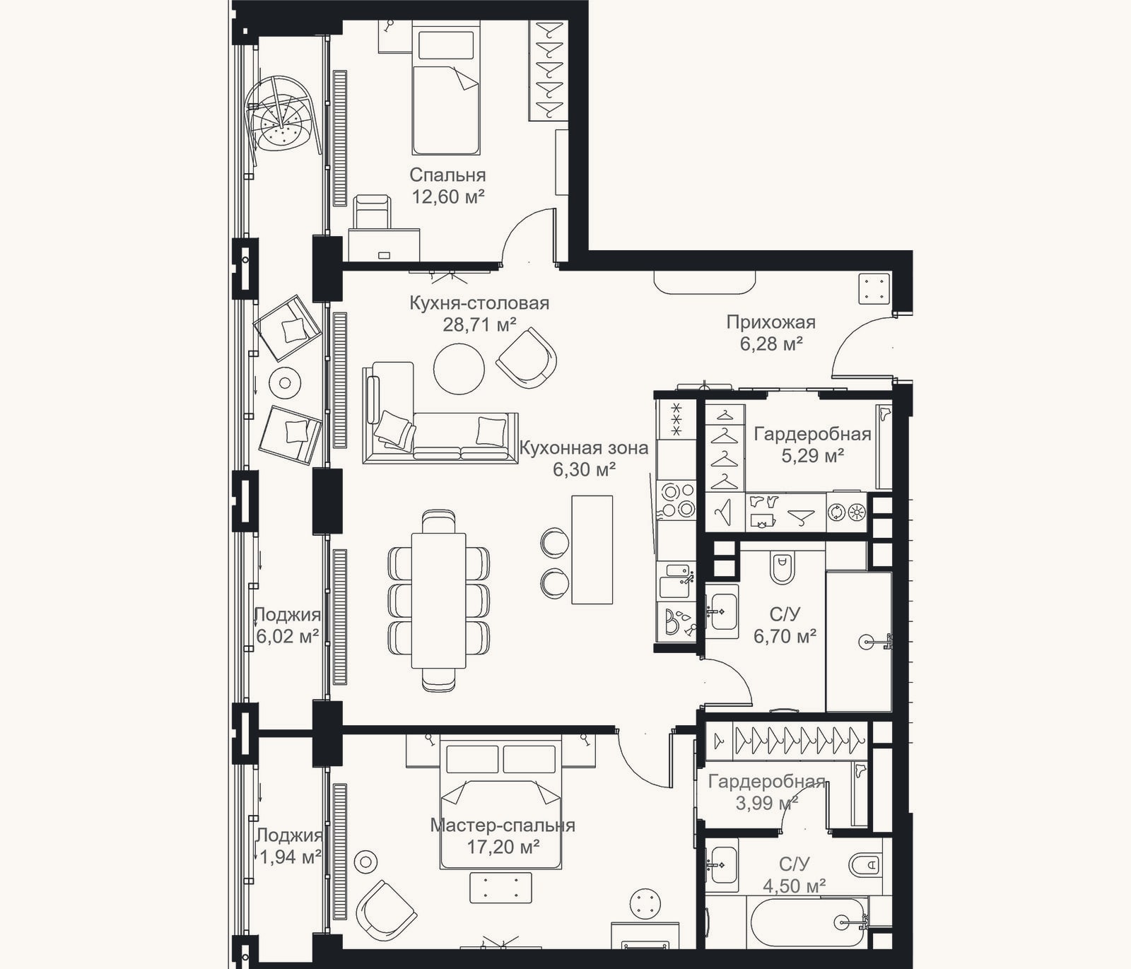 Планировка: 2-к, 91,6 м²