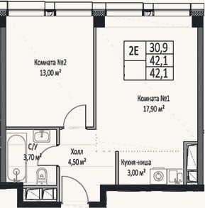 Планировка: 2-к, 42,1 м²