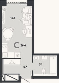 Планировка: Студия, 26,4 м²
