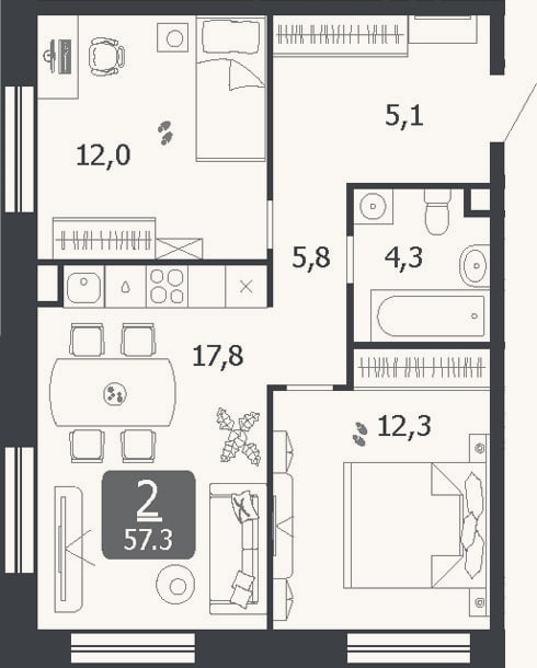 Планировка: 3-к, 57,3 м²