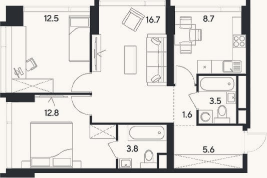 Планировка: 3-к, 65,2 м²