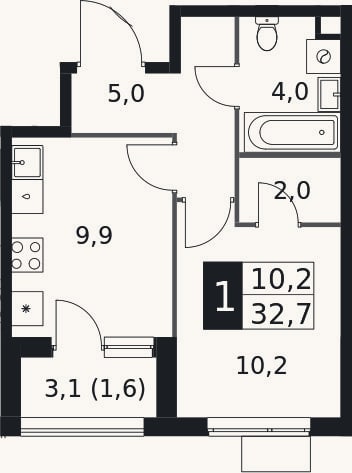 Планировка: 1-к, 31,1 м²