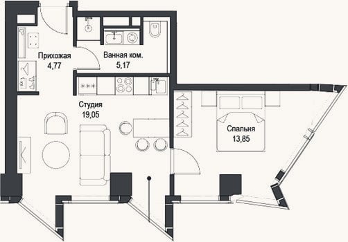 Планировка: 2-к, 42,8 м²