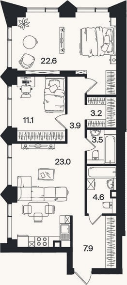 Планировка: 3-к, 79,8 м²