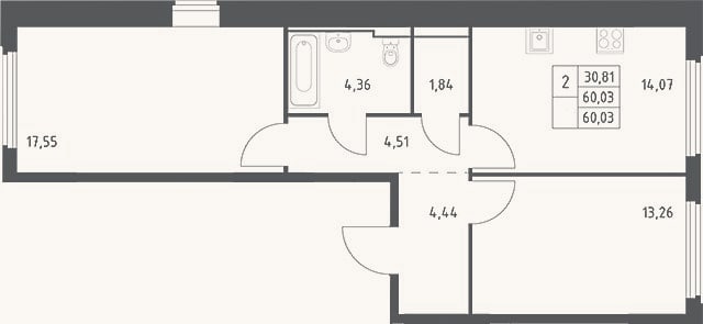 Планировка: 2-к, 60 м²