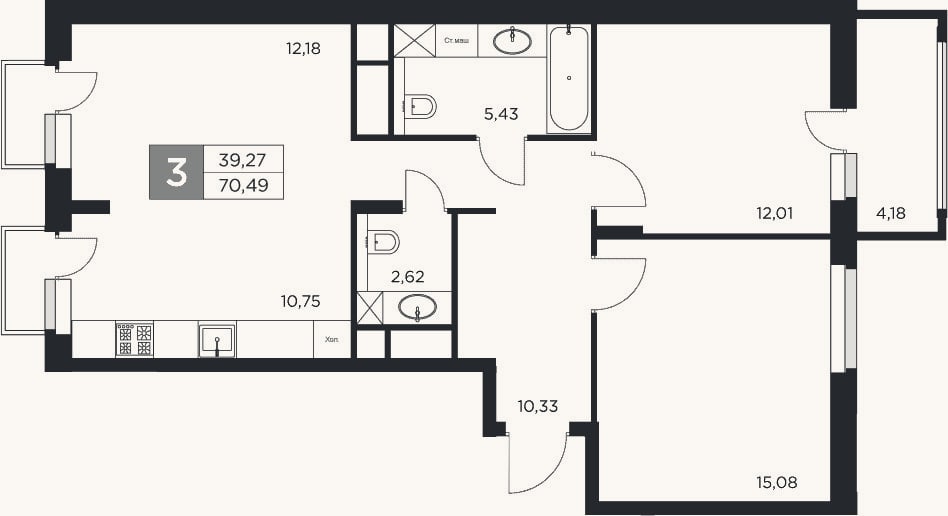 Планировка: 3-к, 68,4 м²