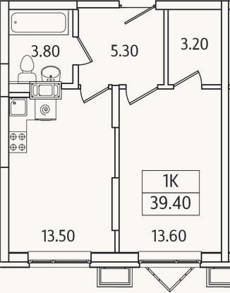 Планировка: 1-к, 39,4 м²