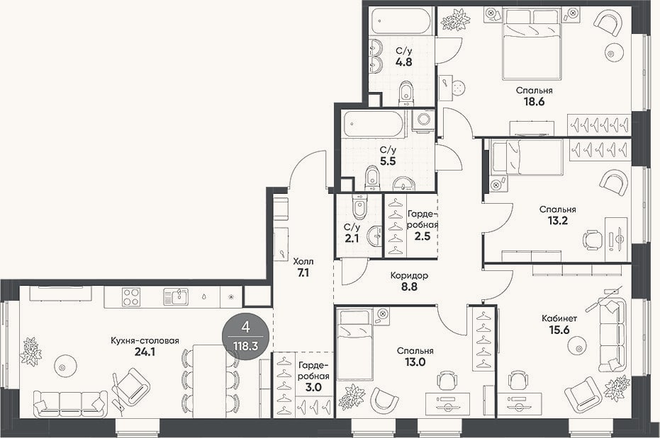 Планировка: 4+ к, 118,3 м²